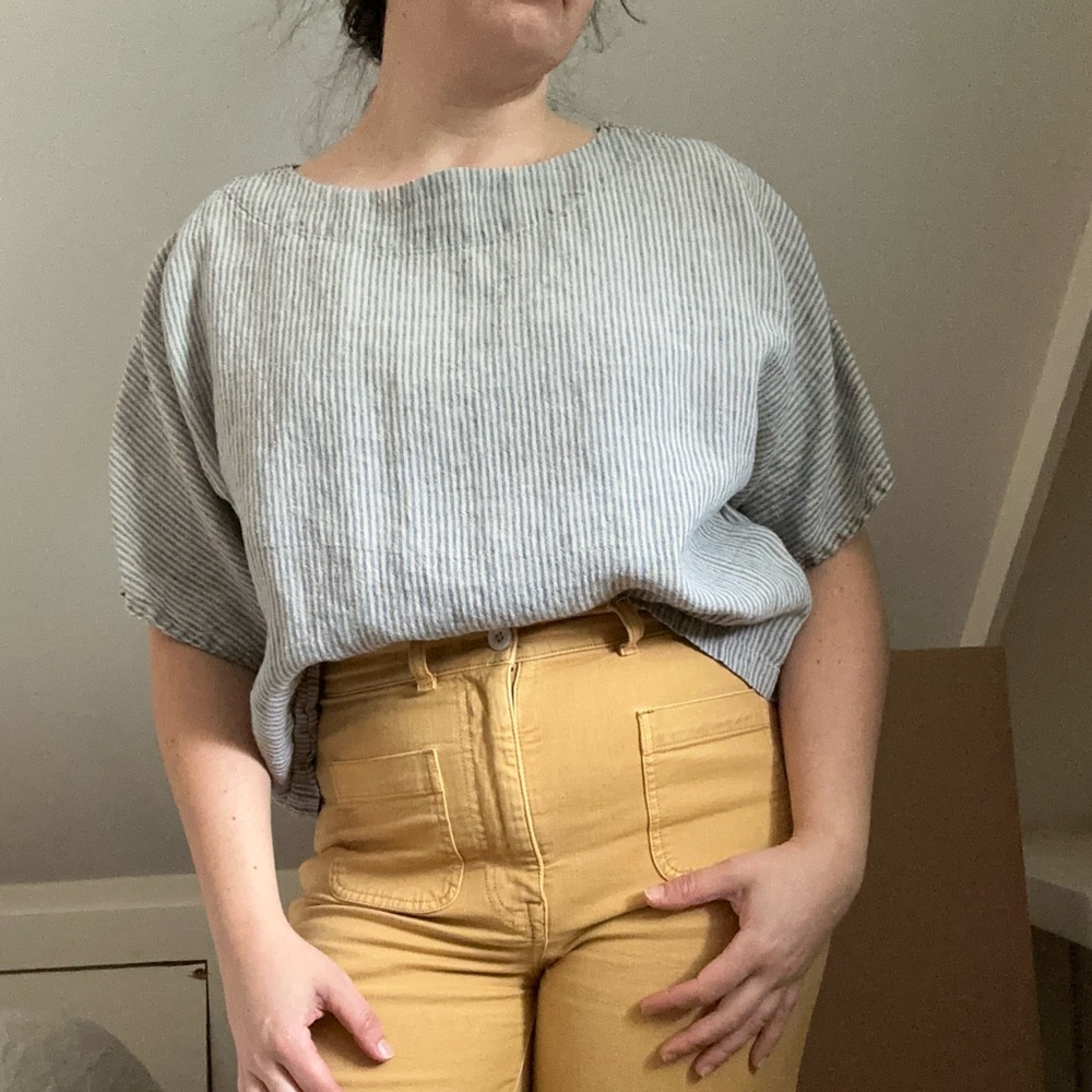 Linen Grey and Blue Pinstripe Boxy Top